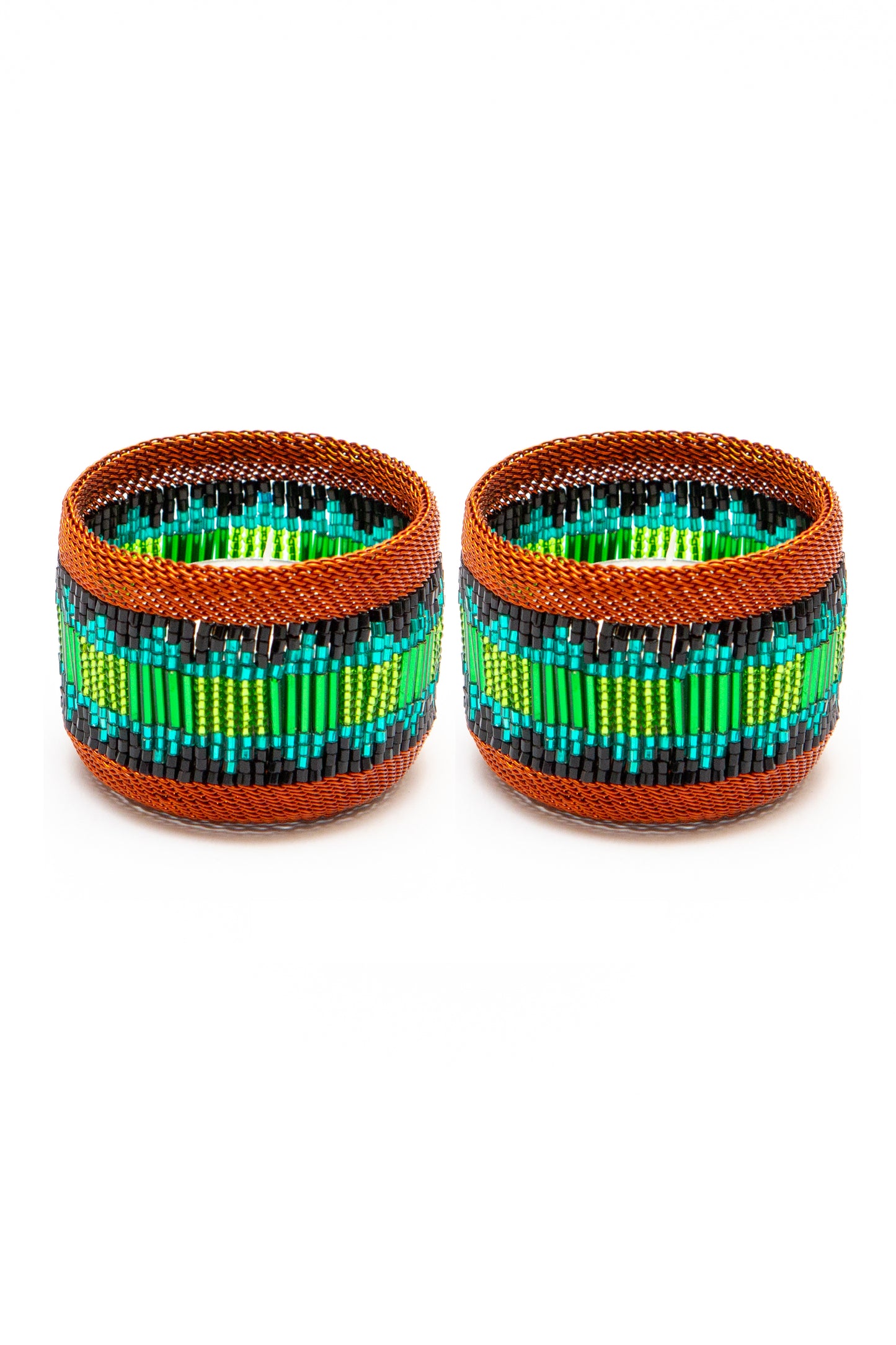 Copper Napkin Ring Green and Teal Block Pattern /Set