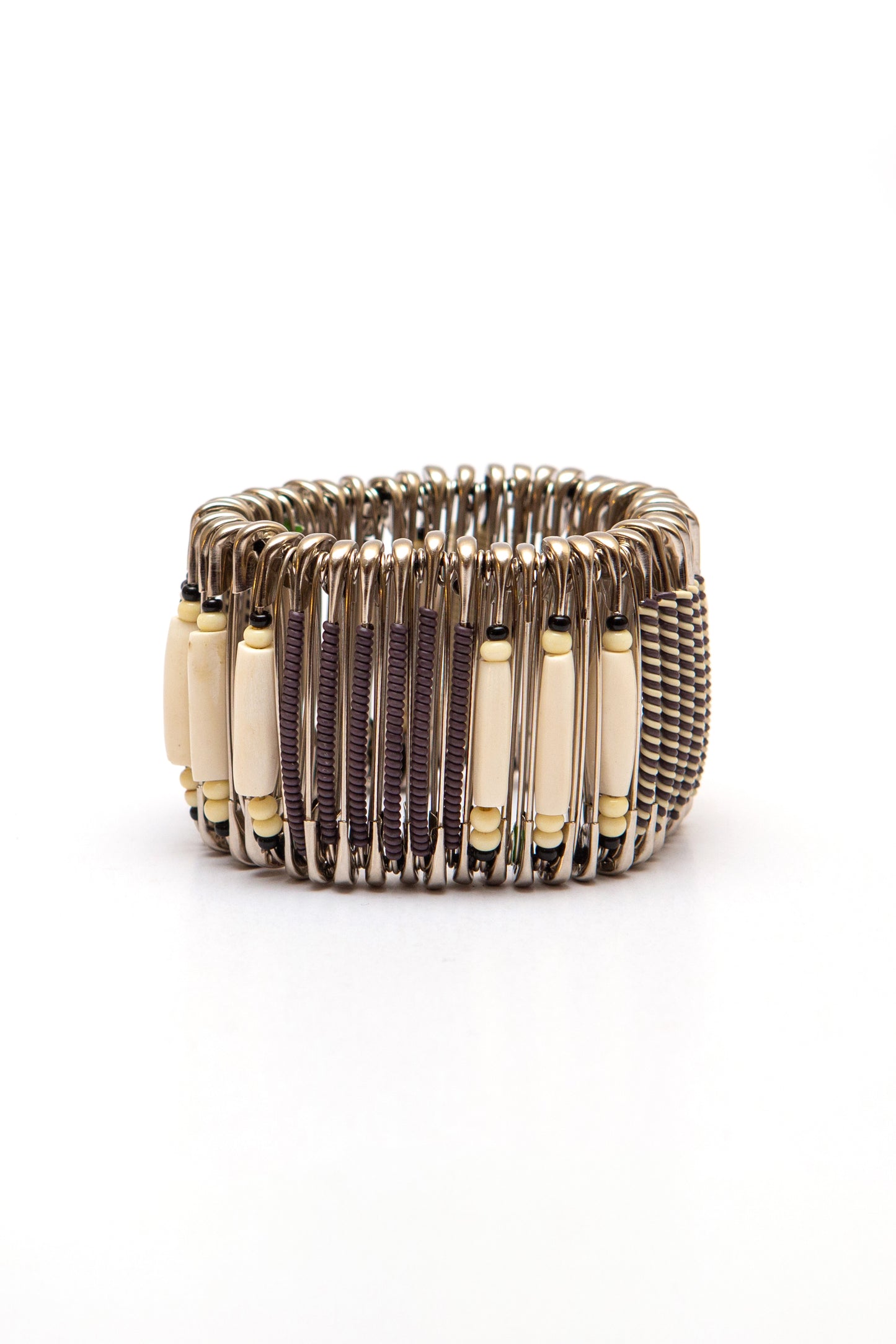 Safety pin bracelet, brown, cream and bone