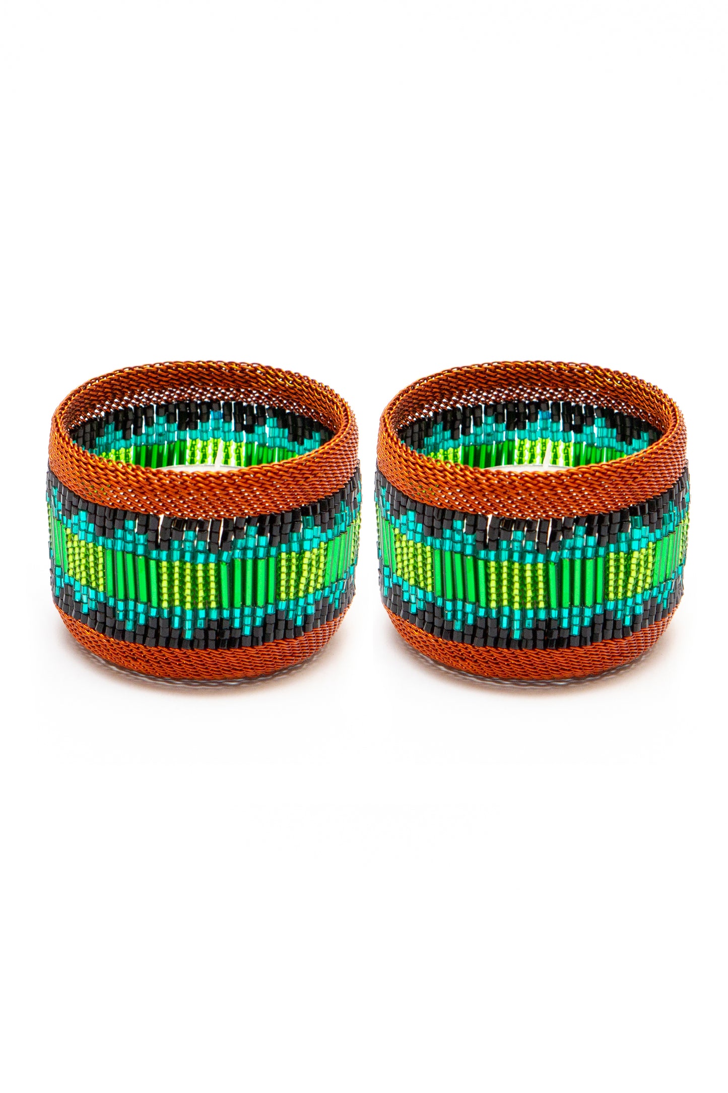 Copper Tealight Holder Green and Teal Block Pattern/Set