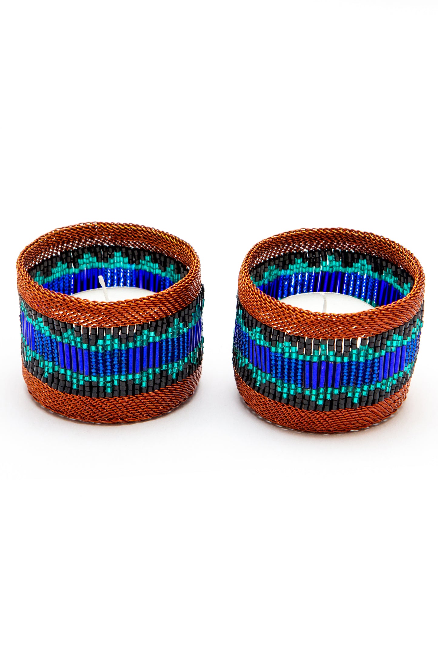 Copper Napkin Ring Blue and Teal Block Pattern / Set