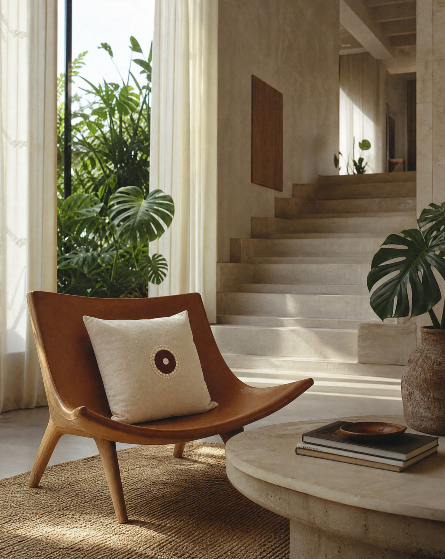 Styled home interior with leather chair and monstera plants