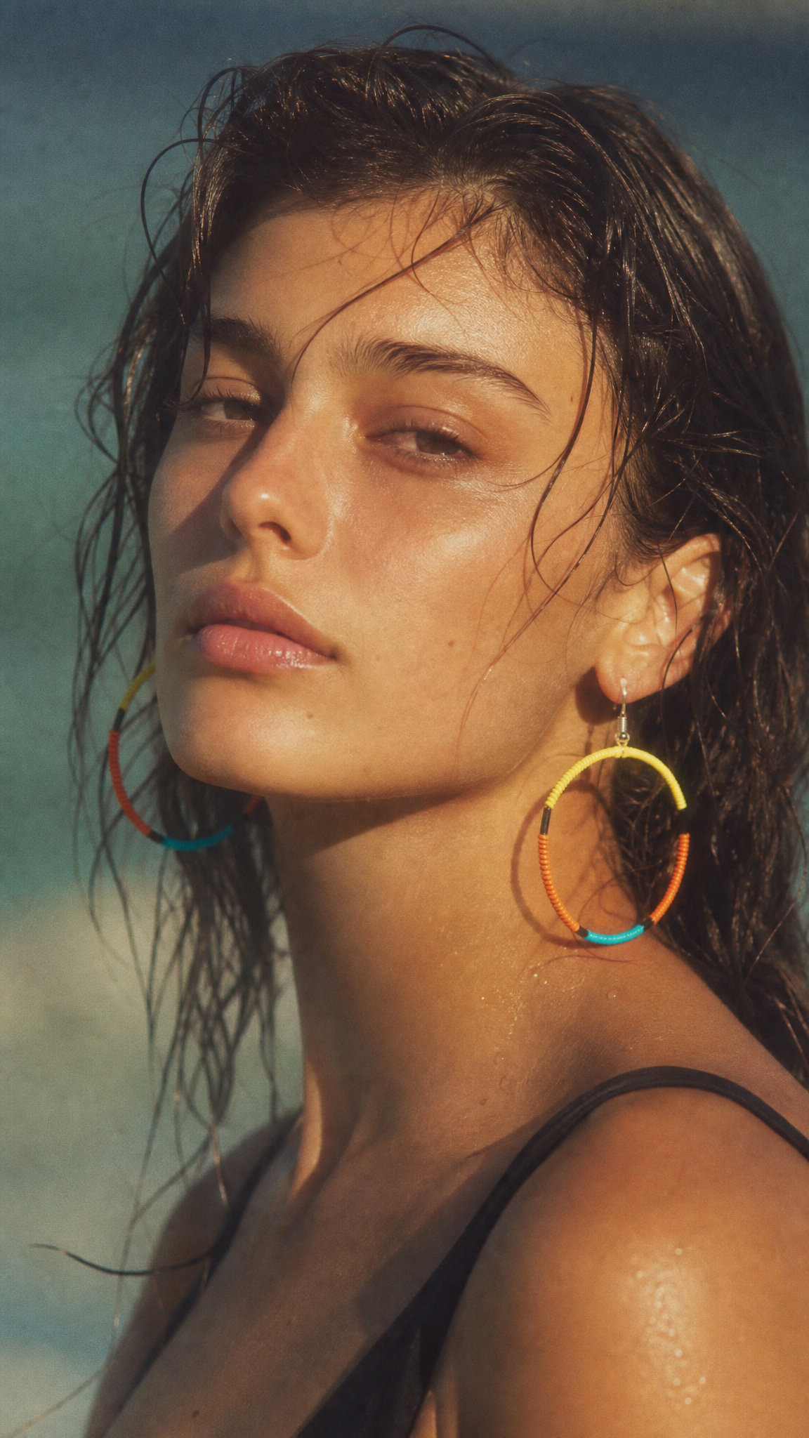 Fashion Accessories - model wearing colourful hoop earrings at the beach