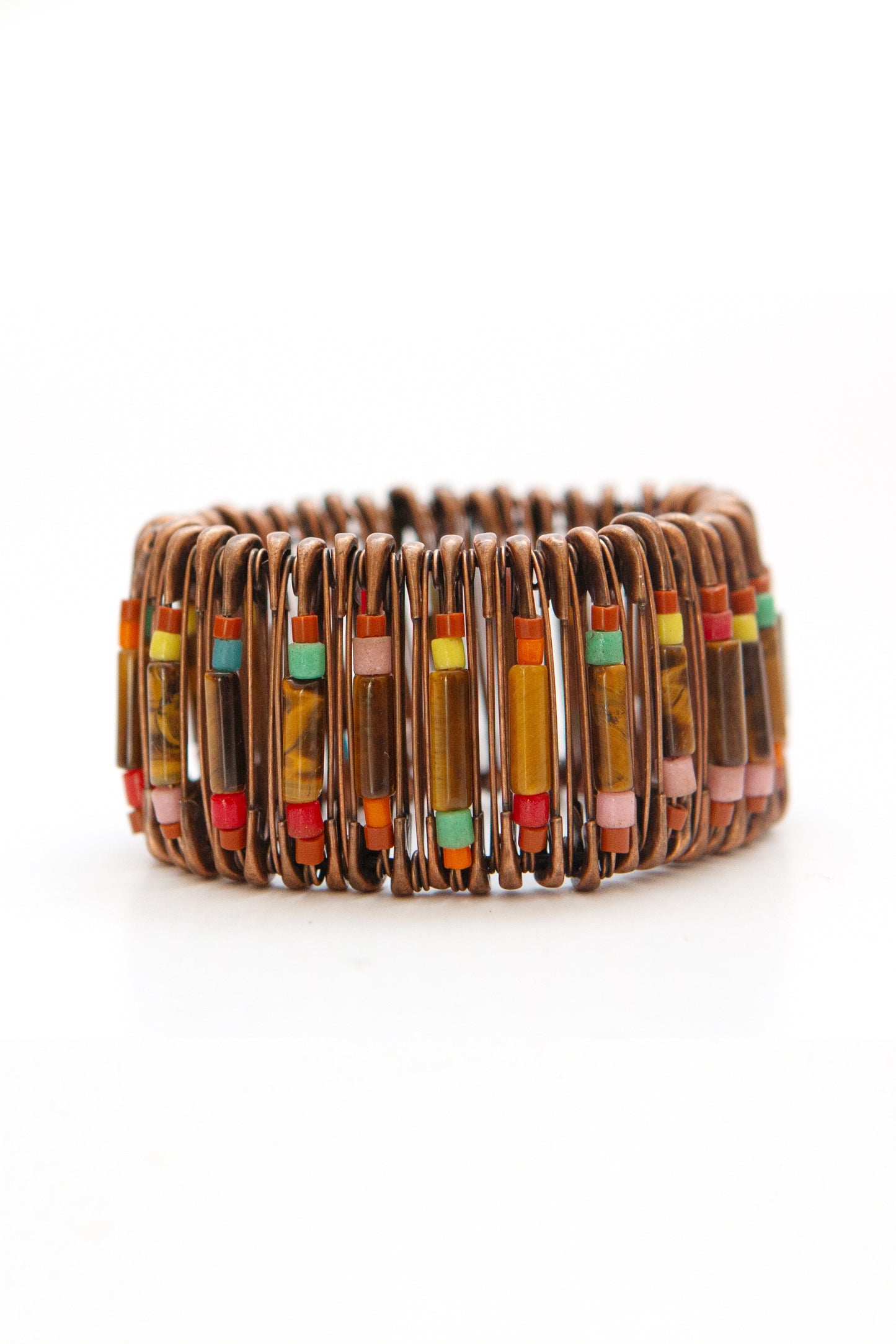 Copper safety pin bracelet, tiger eye