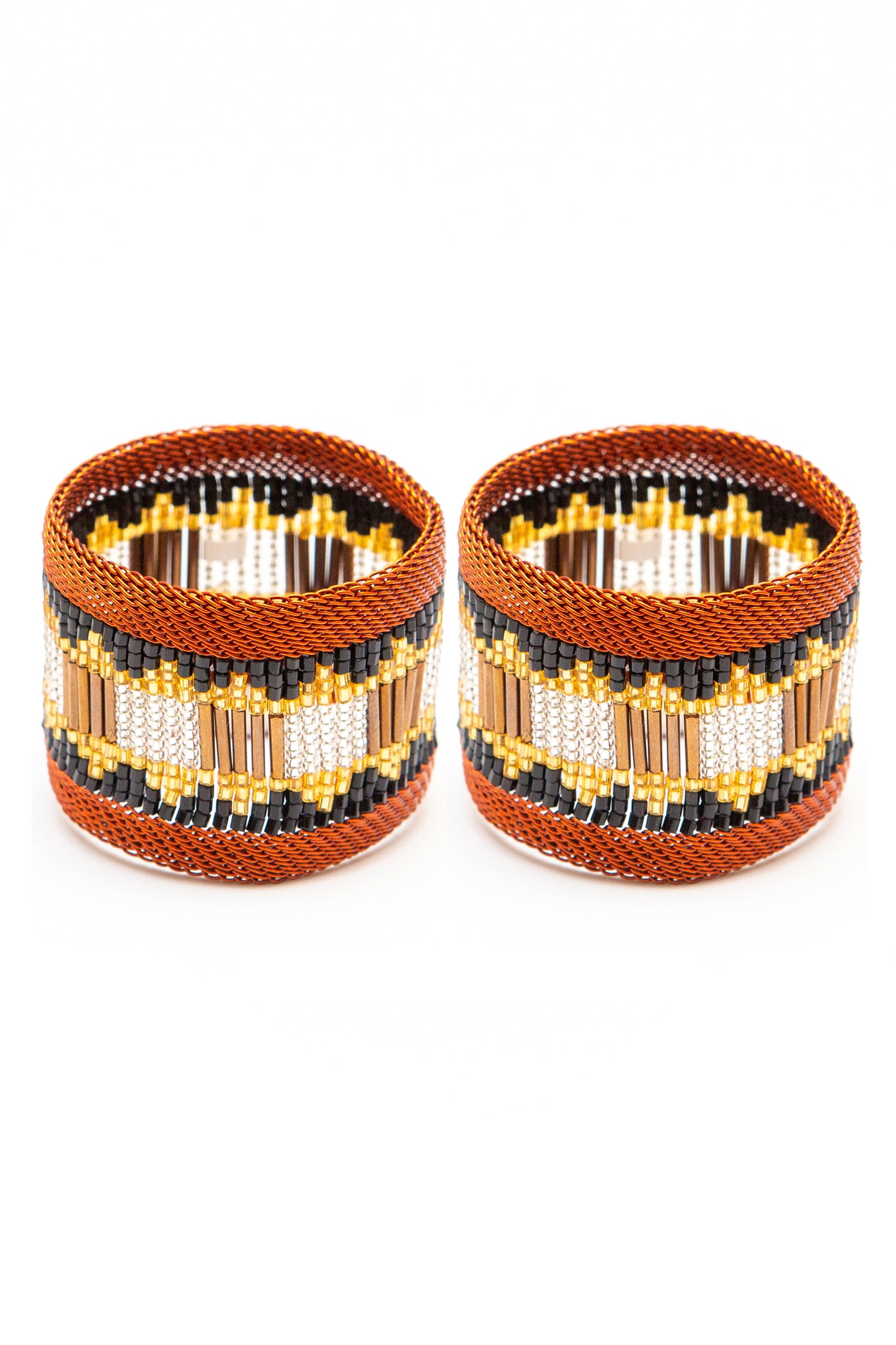 Copper Napkin Ring  Brown and Pearl  Block Pattern / Set