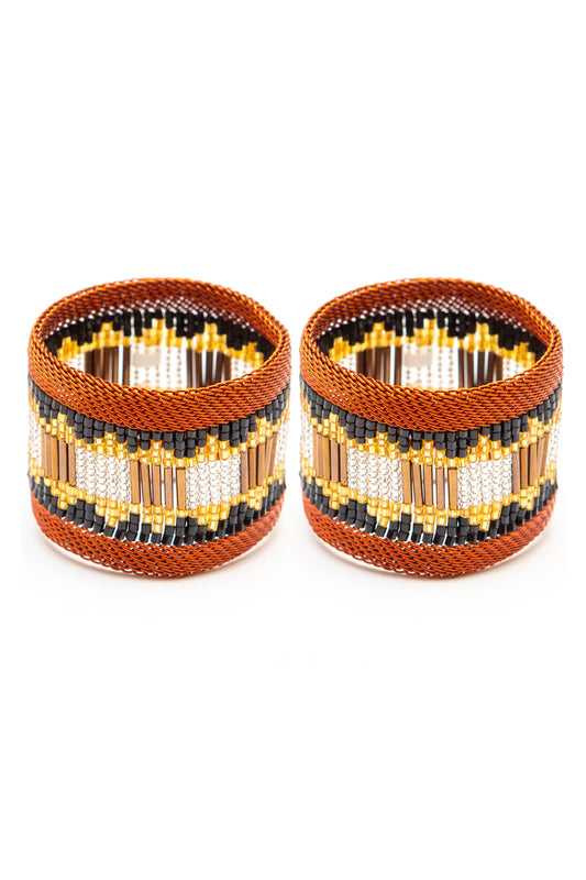 Copper Napkin Ring  Brown and Pearl  Block Pattern / Set