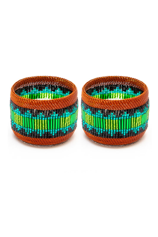 Copper Napkin Ring Green and Teal Block Pattern /Set