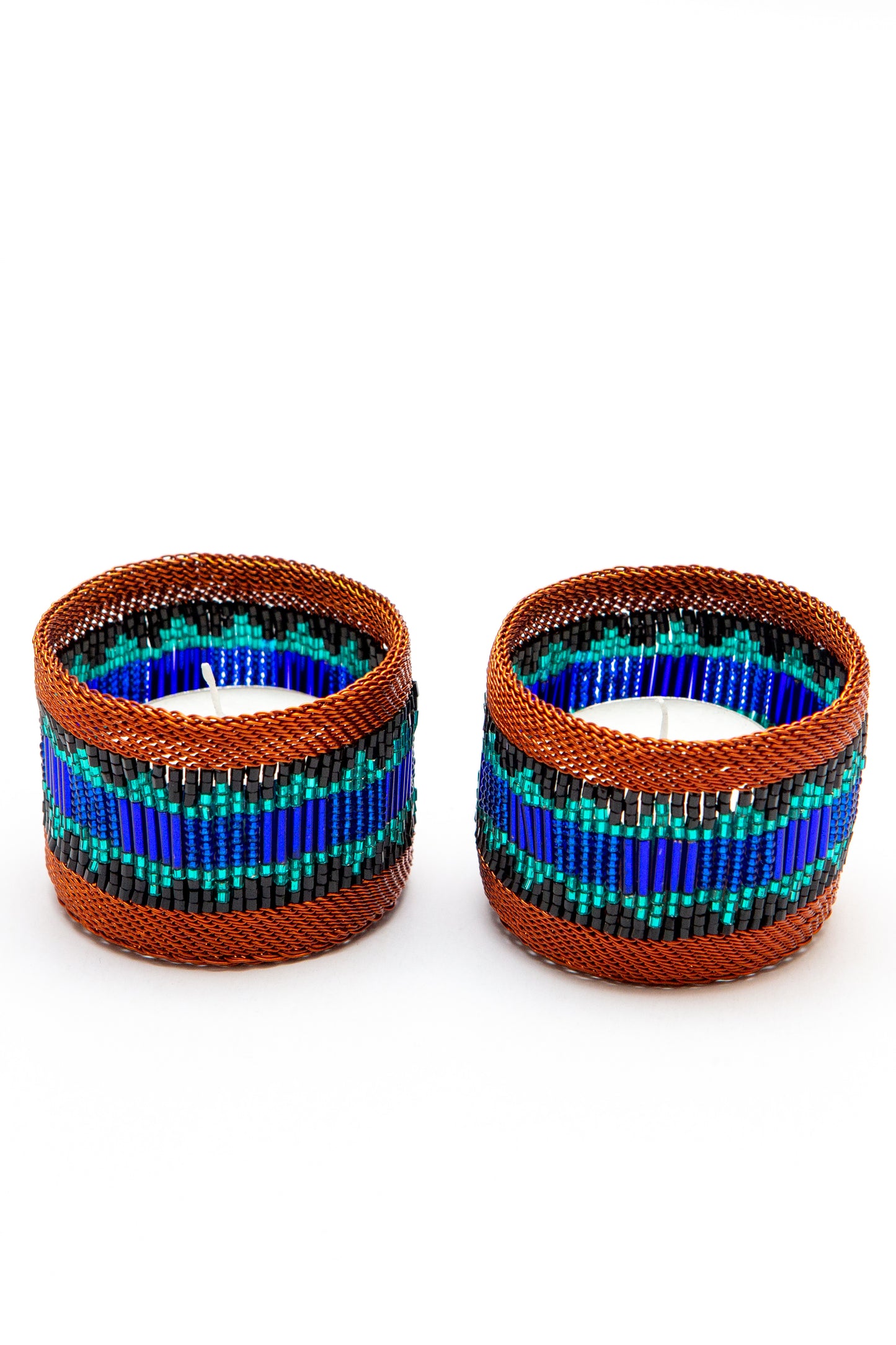 Copper Tealight Holder Blue and Teal Block Pattern/Set