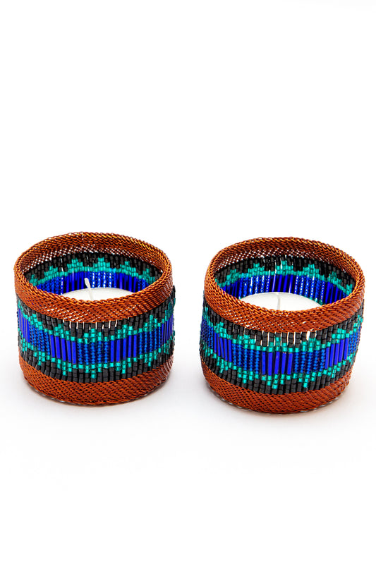 Copper Tealight Holder Blue and Teal Block Pattern/Set