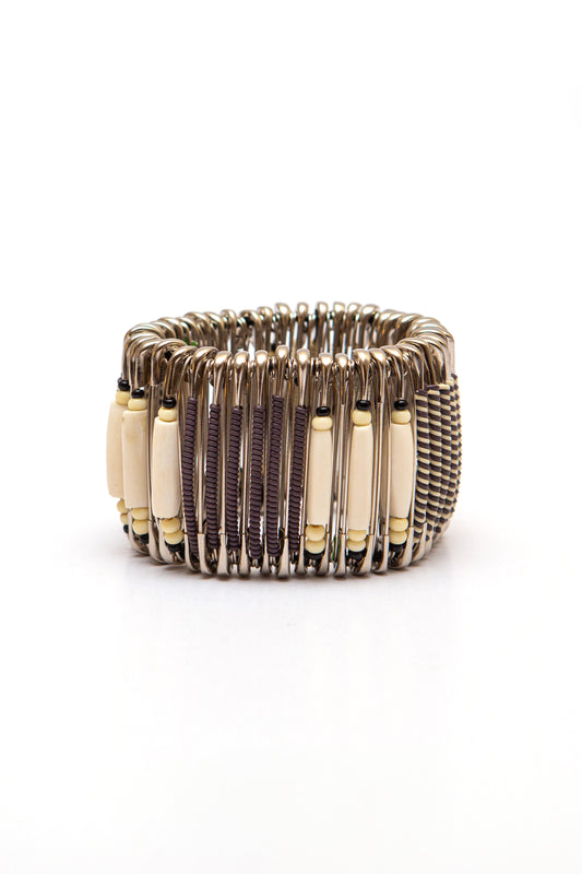 Safety pin bracelet, brown, cream and bone