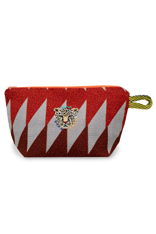 Large make up bag in Kente cloth with beaded leopard