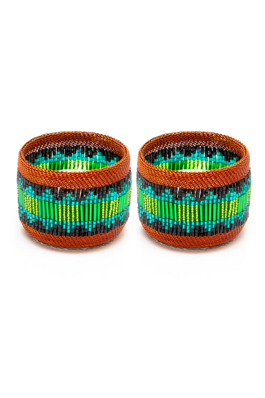 Copper Tealight Holder Green and Teal Block Pattern/Set