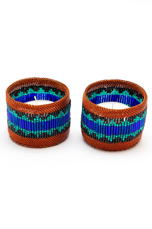 Copper Napkin Ring  Blue and Teal Block Pattern / Set