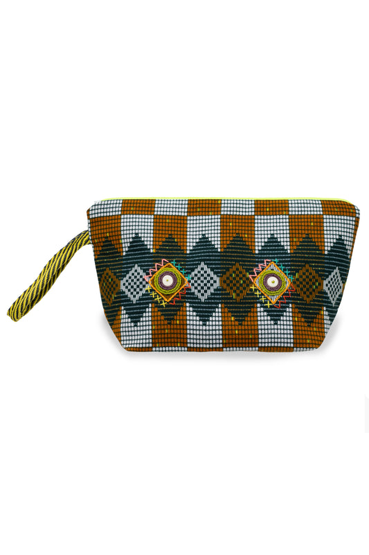 Large make up bag in Kente with beaded rings